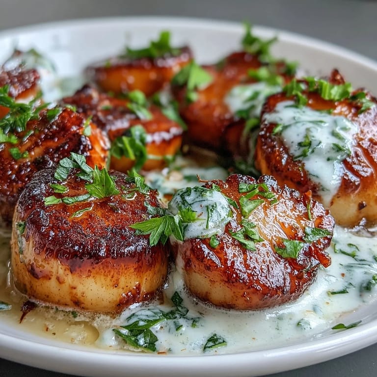 Seared Scallops with Spicy Cajun Cream Sauce served in a skillet with creamy sauce.