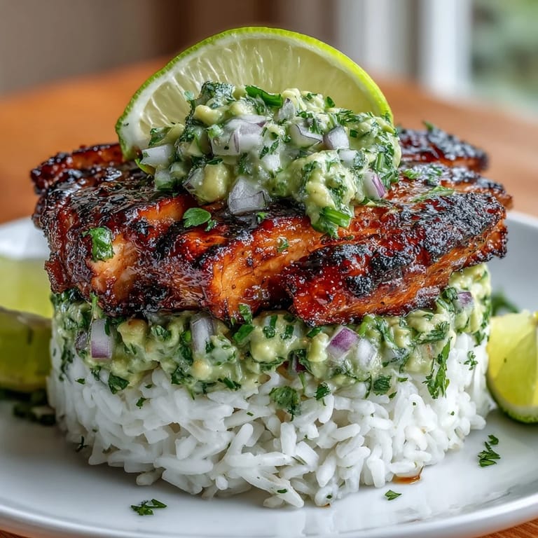 A close-up of juicy honey lime chicken layered over fragrant rice and diced avocado for a gluten-free dinner.