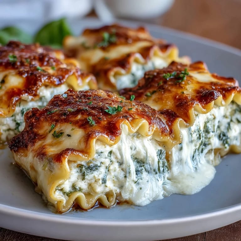 Tightly rolled lasagna noodles filled with creamy ricotta and spinach, nestled in a white baking dish with melted butter.