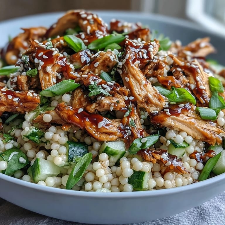 Tossing Asian Sesame Chicken Couscous Salad with a glossy sesame-soy dressing, fresh scallions, and vibrant cilantro.
