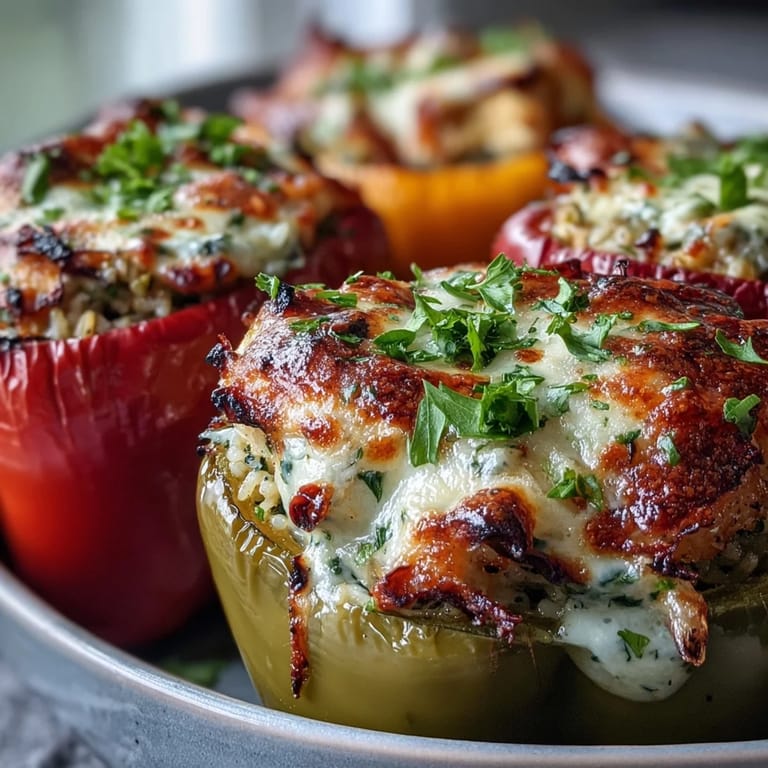 Freshly garnished Garlic Parmesan Chicken Stuffed Peppers served hot, perfect for a comforting weeknight dinner.