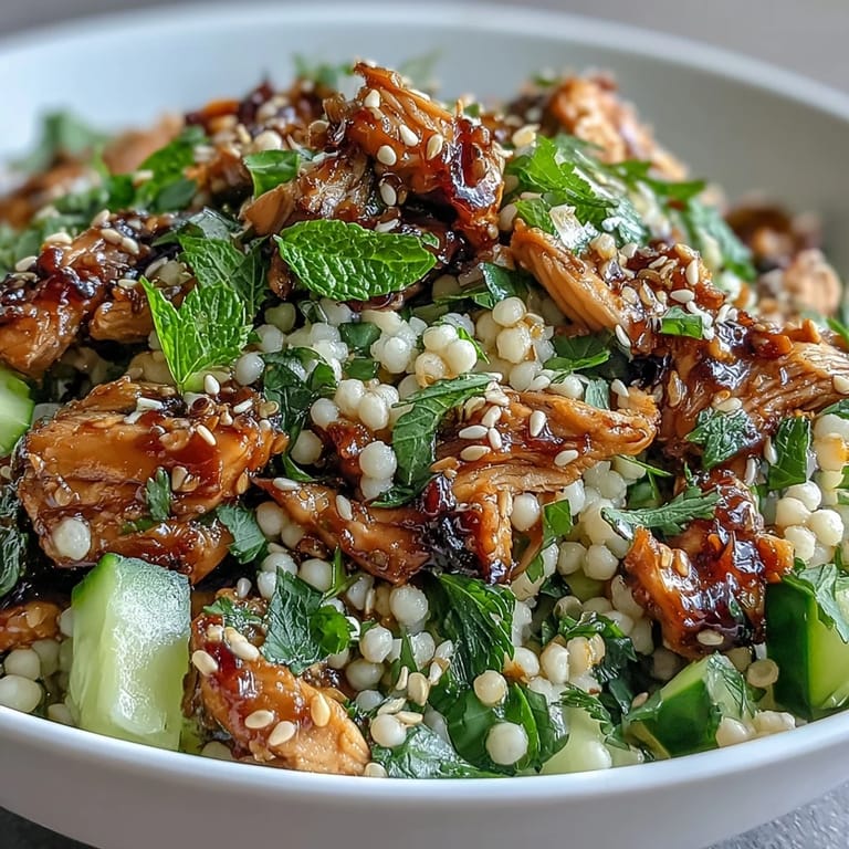 Colorful Asian Sesame Chicken Couscous Salad in a serving bowl, garnished with toasted sesame seeds and fresh mint, ready to enjoy for a quick dinner.