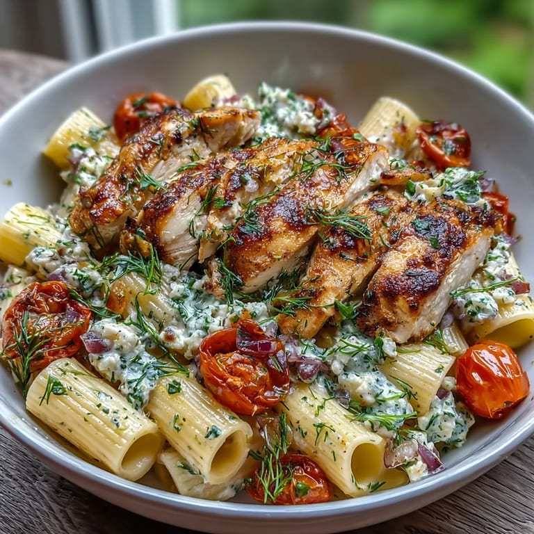 Golden roasted chicken, al dente penne, and crumbled feta in a savory pasta dish with red onion and dill.