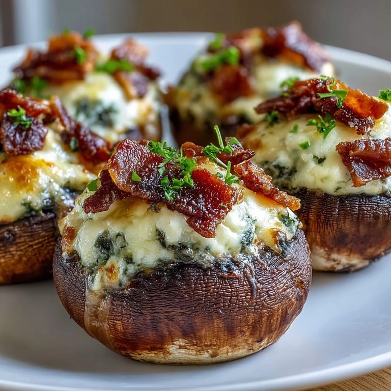 Piping hot Keto Bacon and Cheese Stuffed Mushrooms arranged on a serving platter with fresh parsley garnish.