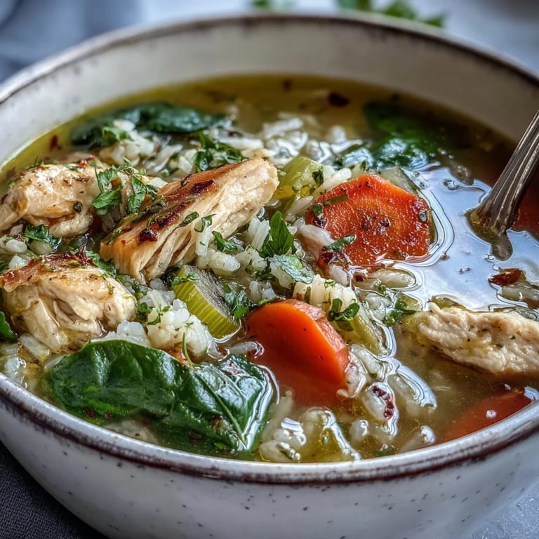 Spoon dipping into One-Pot Lemon Chicken Rice Soup with tender chicken pieces and fluffy rice.