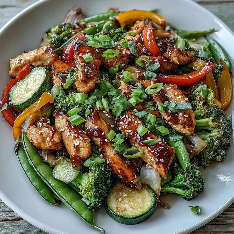 Brightly colored High-Protein Chicken and Veggie Stir-Fry plated over steamed brown rice for a wholesome dinner.