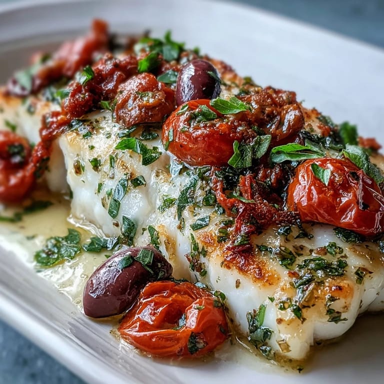 Healthy Mediterranean baked cod with vibrant tomatoes, briny olives, and fresh herbs, ready to serve with crusty bread.