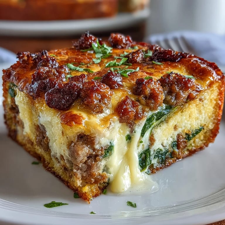 Hearty keto breakfast casserole with tender spinach, creamy eggs, and flavorful sausage, perfect for meal prep.