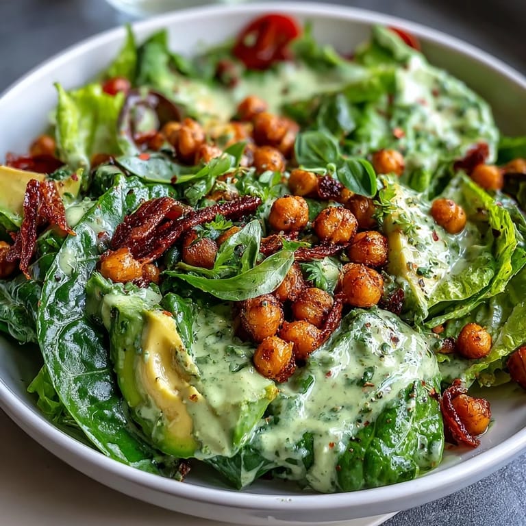 Vibrant salad topped with avocado and crispy chickpeas, drizzled with homemade pistachio herb dressing.
