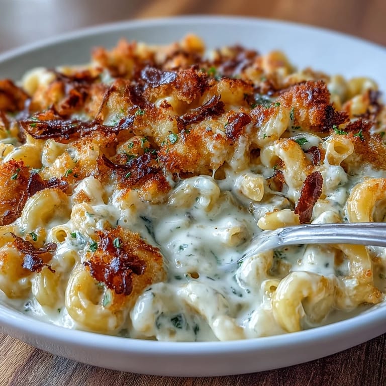 Creamy four-cheese macaroni baked to perfection, finished with rich truffle oil drizzle and delicate black truffle shavings.
