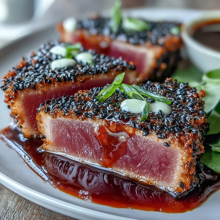 Pan-seared black sesame crusted tuna with wasabi mayo offers a crunchy, spicy, and savory twist on a restaurant-style tuna dish.