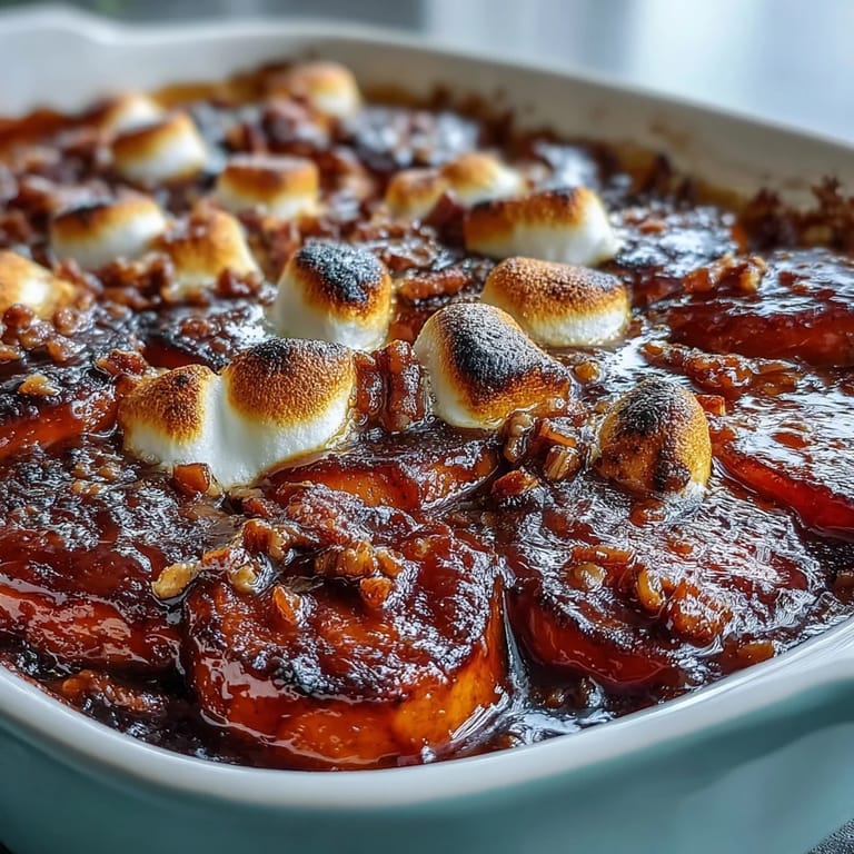Classic candied yams featuring tender sweet potatoes topped with toasted marshmallows and buttery pecan crumble in rich cinnamon glaze.
