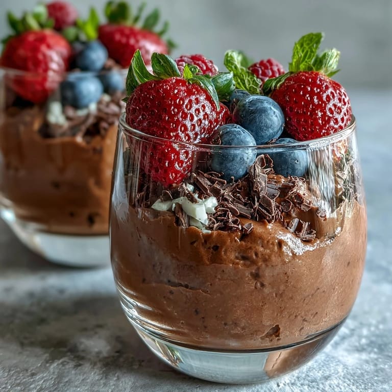 Silky high-protein chocolate mousse made with cottage cheese, cocoa, and maple syrup, garnished with a colorful mix of fresh berries.  