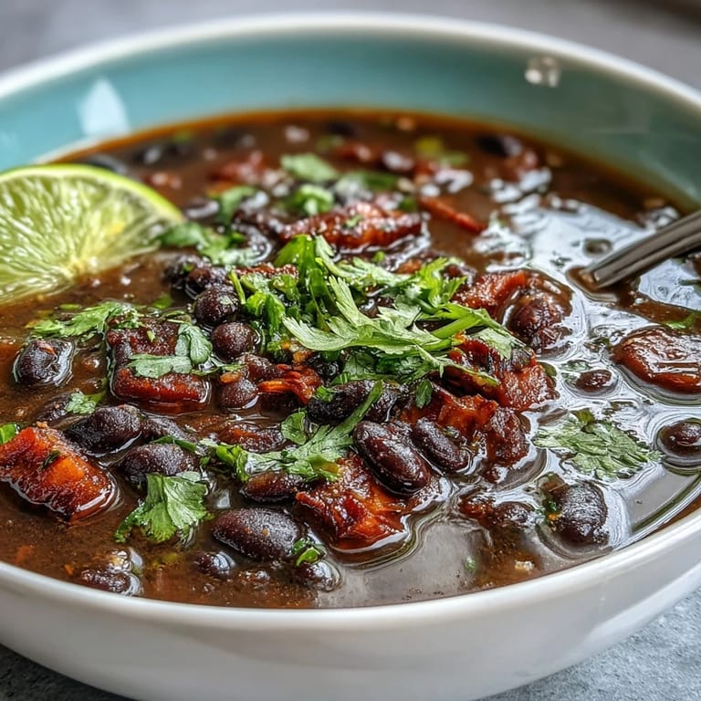 Rich and flavorful ham and black bean soup with aromatic spices, served hot and topped with chopped cilantro.