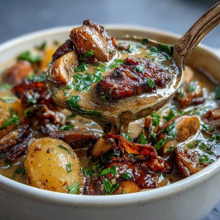 This comforting Guinness-free Irish stew features tender potatoes, carrots, and mushroom meat simmered in a flavorful vegetable broth.