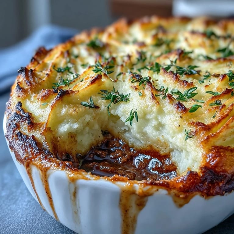 Wholesome Shepherds Pie with Cauliflower Mash Topping, featuring a rich ground meat filling beneath a smooth, golden cauliflower layer.