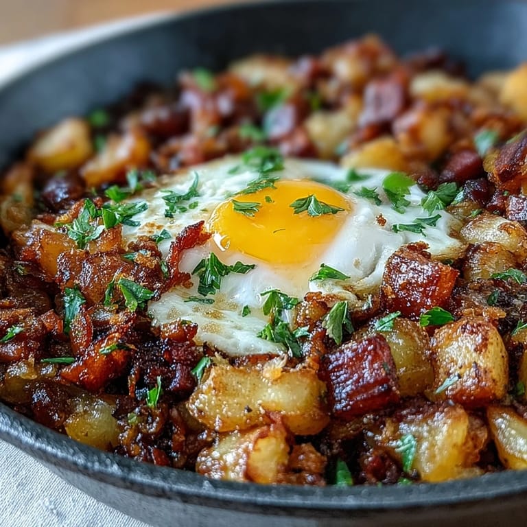 Golden corned beef hash with perfectly cooked eggs and tender vegetables, served hot from the skillet.  