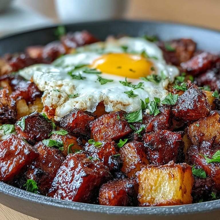 Savory corned beef hash breakfast skillet featuring crispy potatoes, bell peppers, and runny eggs for a satisfying start.