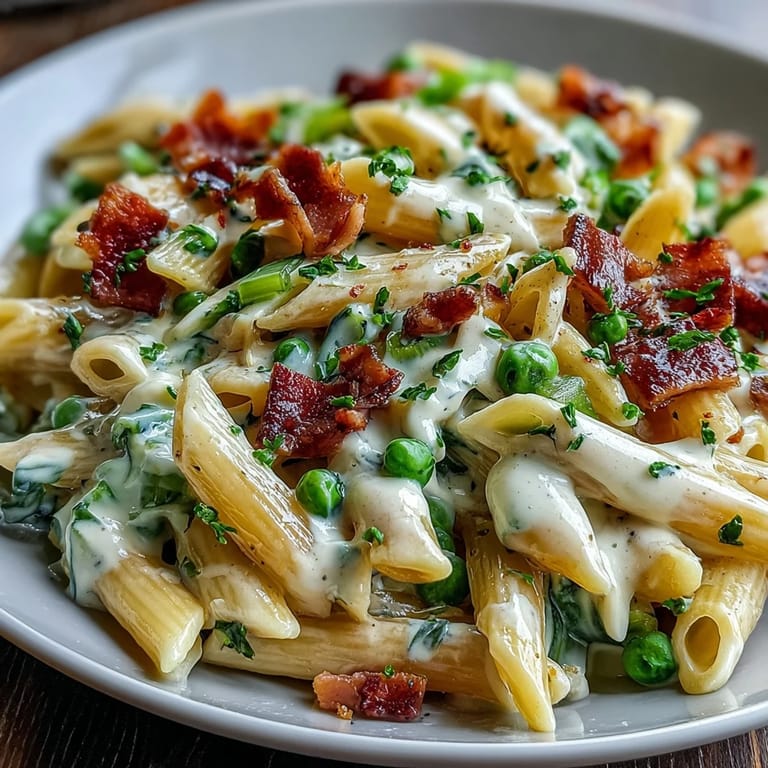 A comforting one-pot pasta dish featuring sweet leeks, tender peas, and diced ham in a creamy Parmesan sauce.  