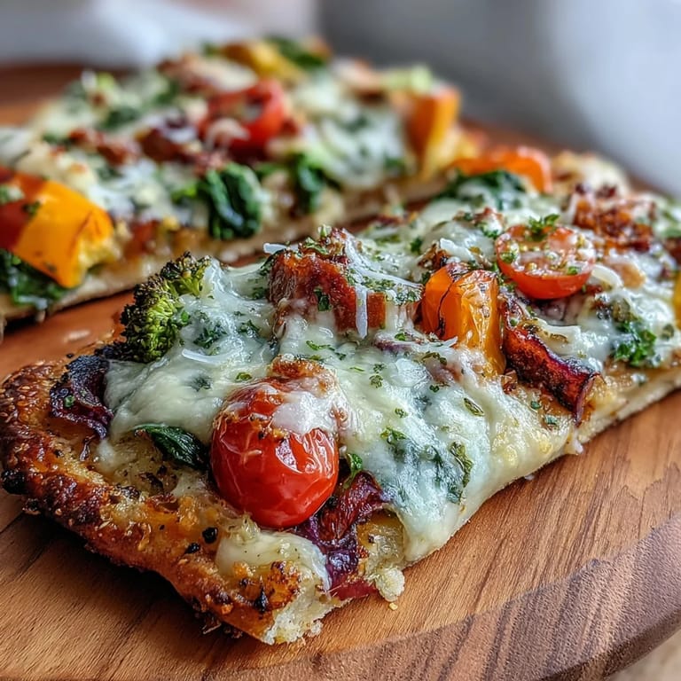 Easy St. Patricks Day Rainbow Veggie Flatbread Pizza featuring a pot of gold black olive design surrounded by colorful vegetables and melted cheese on hummus-slathered flatbread.