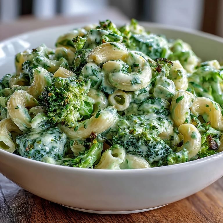 Comforting vegetarian mac and cheese with vibrant spinach and broccoli, topped with melted cheddar and Parmesan cheese.