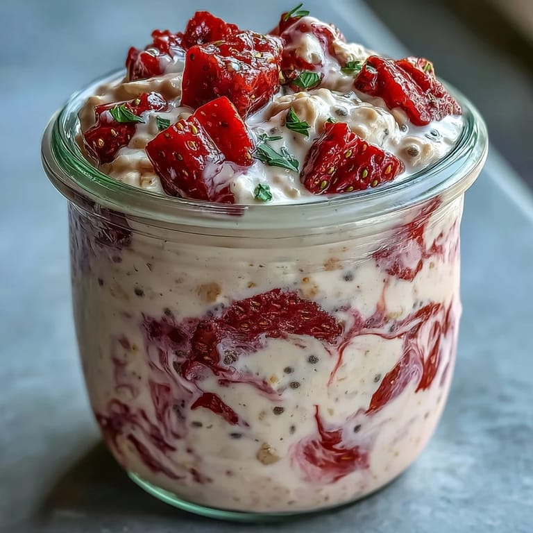 Strawberry vanilla protein overnight oats with chia, a colorful and nourishing breakfast layered with fresh fruit and creamy oats.