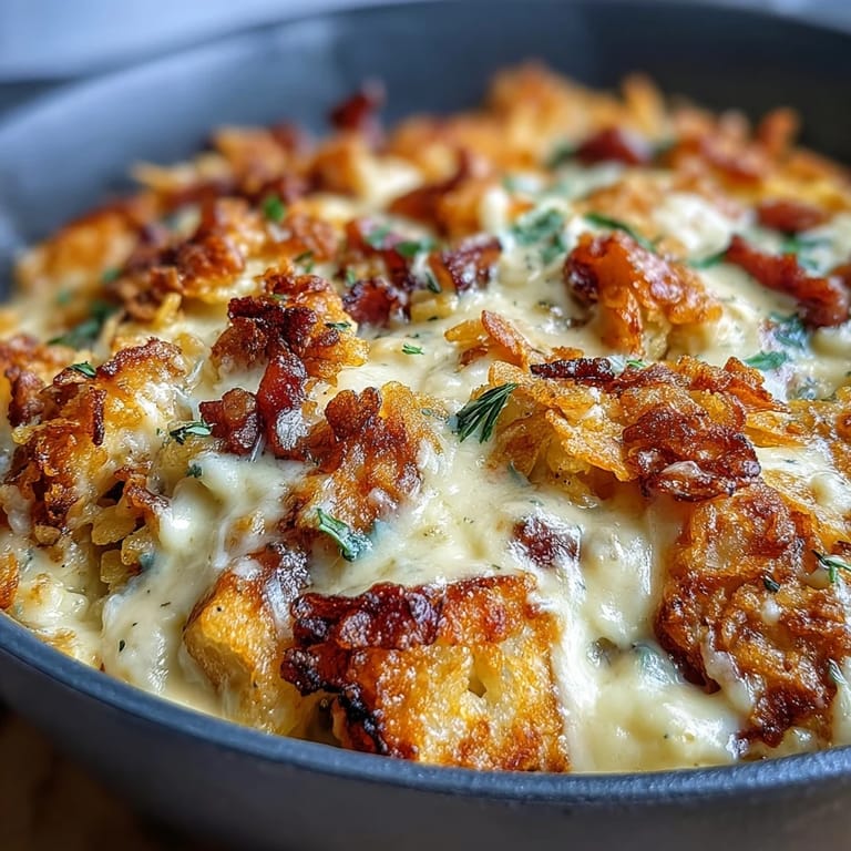 A hearty breakfast skillet loaded with creamy cheese sauce, tender potatoes, and smoky ham, baked to golden perfection.  