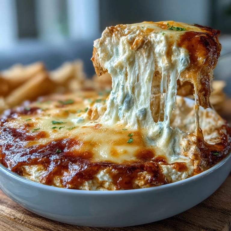 High-protein cottage cheese buffalo chicken dip served hot with crispy celery sticks and tortilla chips for a crowd-pleasing appetizer.