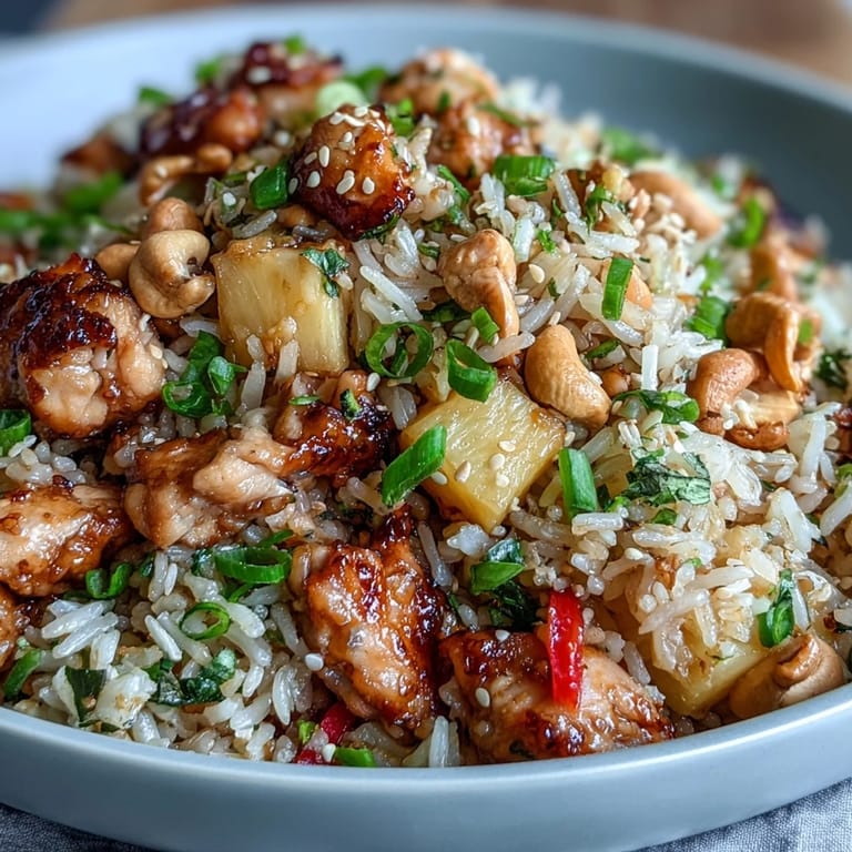 Sweet and savory pineapple chicken fried rice with tender chicken, golden cashews, crisp bell peppers, and fresh pineapple for a tropical twist.