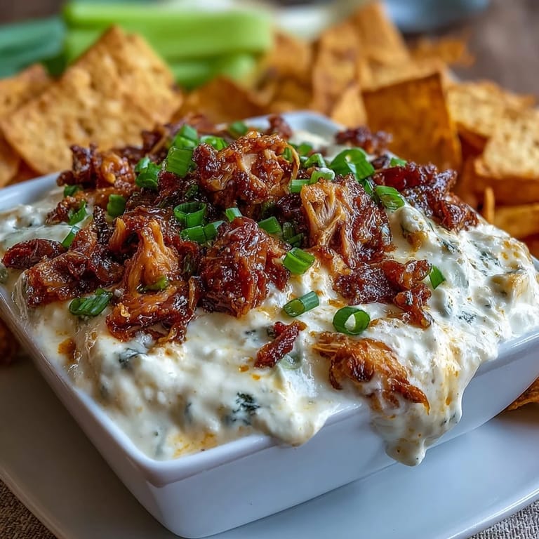 High-Protein Cottage Cheese Buffalo Chicken Dip baked until bubbling, featuring tangy hot sauce and smooth cottage cheese for a healthy appetizer.