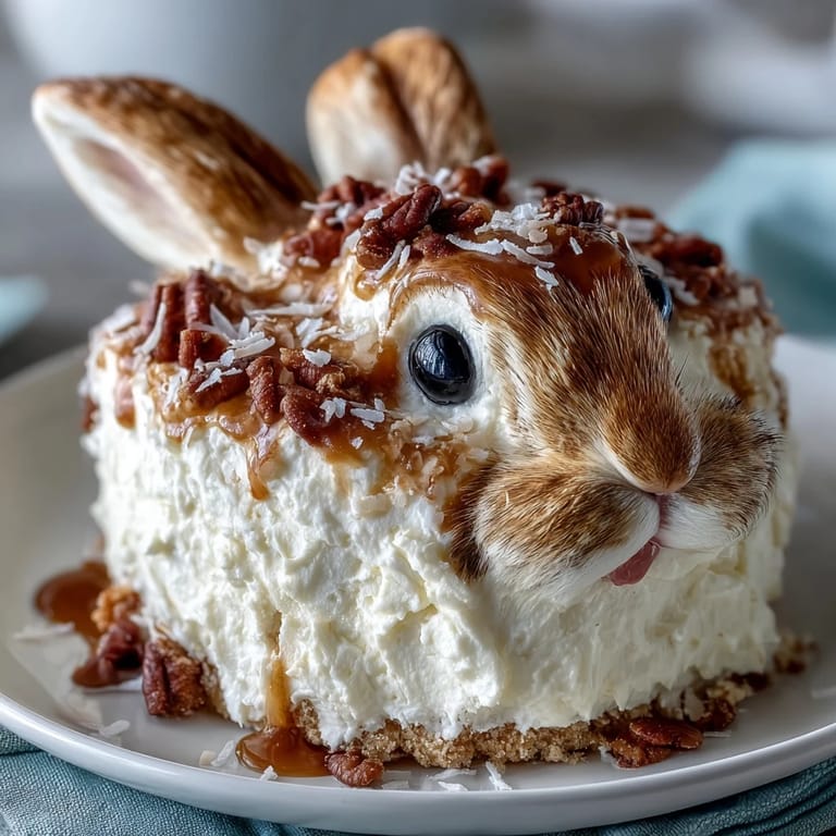 Adorable Sparkle Easter Bunny Cake with Gold Sprinkles: moist vanilla cake decorated as a bunny face, coated in coconut fur, and finished with sparkling gold sprinkles.