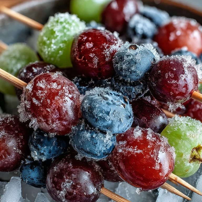 Sweet-Tart Frozen Grape Skewers: vibrant grapes rolled in lime-infused sugar and frozen, ideal for a quick, healthy dessert.