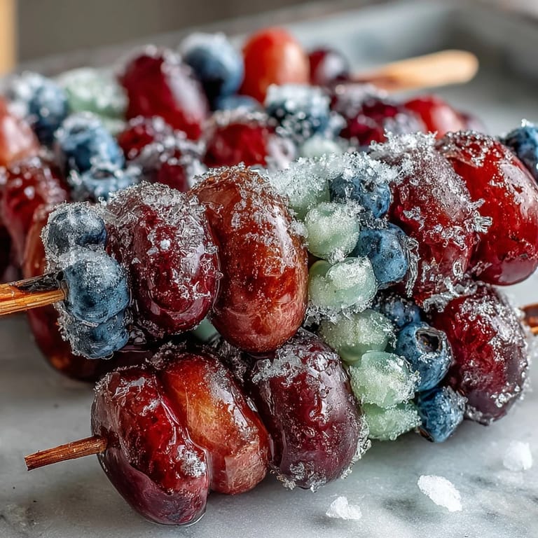 Lime-Sugar Coated Grape Skewers: sweet and tangy frozen grapes on skewers, perfect for a cooling treat on hot days.  