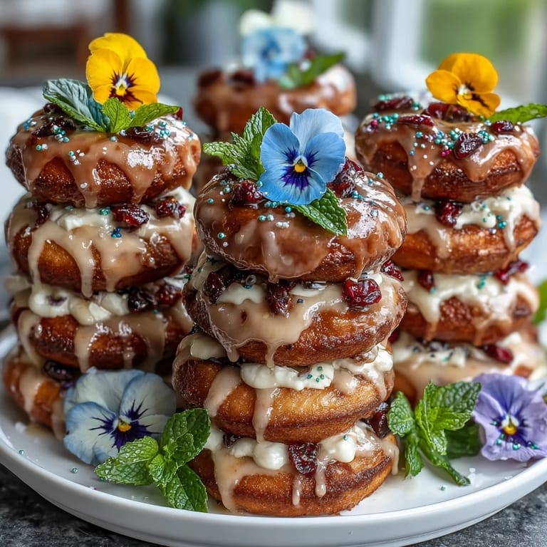 Charming Baby in Bloom Mini Donut Tower with Flowers, featuring colorful glazed mini donuts stacked high and accented with delicate edible blossoms for a festive, blooming presentation.
