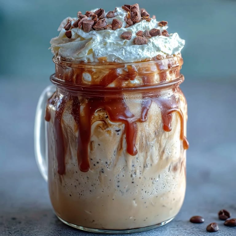 Coffee and vanilla overnight oats jar with rich espresso drizzle, creamy Greek yogurt base, and a decadent whipped cream topping.