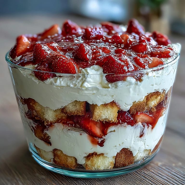 Elegant layered Mothers Day Strawberry Shortcake Trifle featuring golden shortcake, fresh strawberries, and billowy vanilla cream.