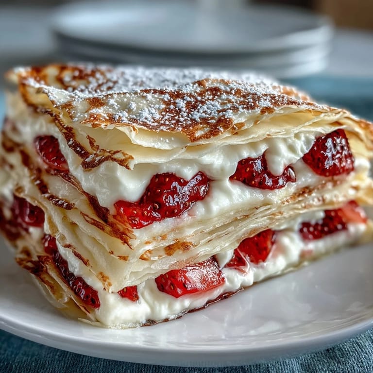 Delicate crepes stacked with silky vanilla cream and juicy strawberries, dusted with powdered sugar for an elegant presentation.