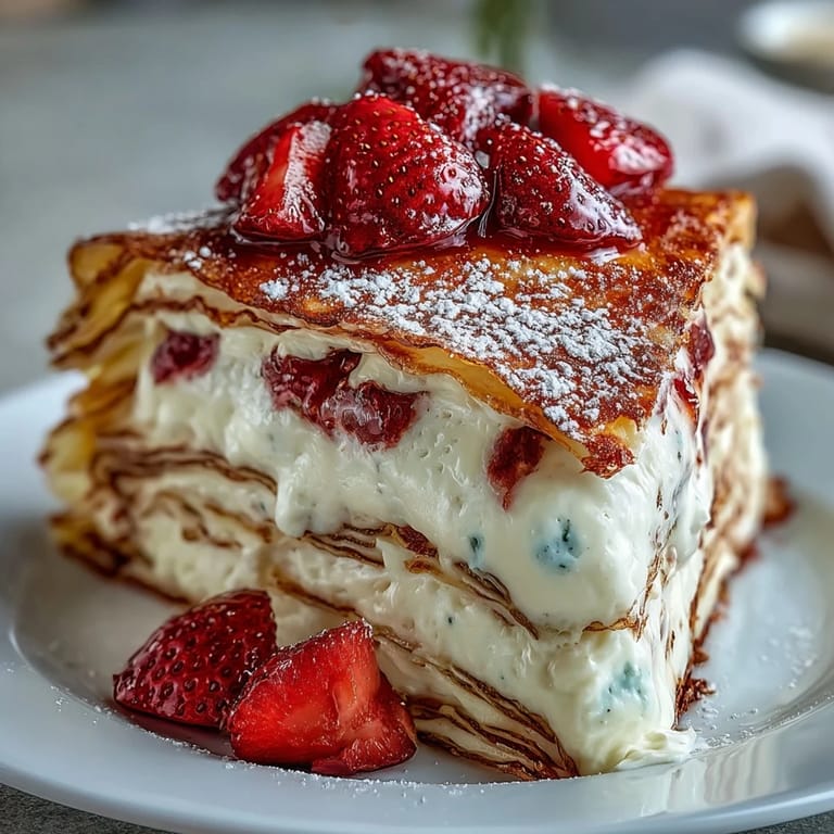 A showstopping dessert featuring tender crepes layered with mascarpone cream and ripe strawberries, ideal for special occasions.