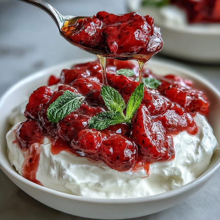Creamy Greek yogurt topped with warm, sweet-tart strawberry compote and a honey drizzle.  