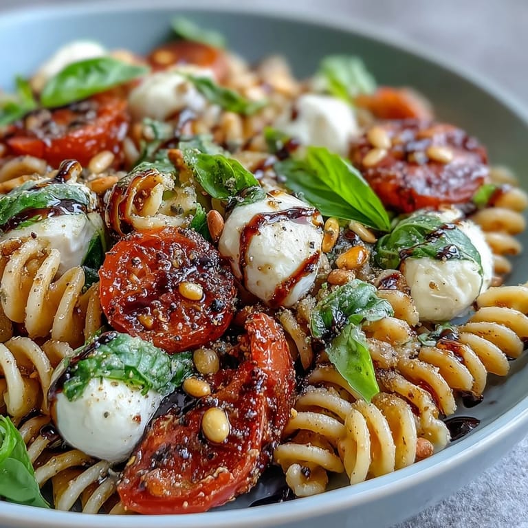 Colorful Caprese pasta salad featuring al dente penne, ripe cherry tomatoes, and fresh mozzarella, drizzled with olive oil and balsamic glaze.