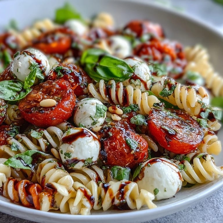 Refreshing Caprese-style pasta salad with tender pasta, bright cherry tomatoes, and creamy mozzarella, finished with fresh basil and a balsamic drizzle.