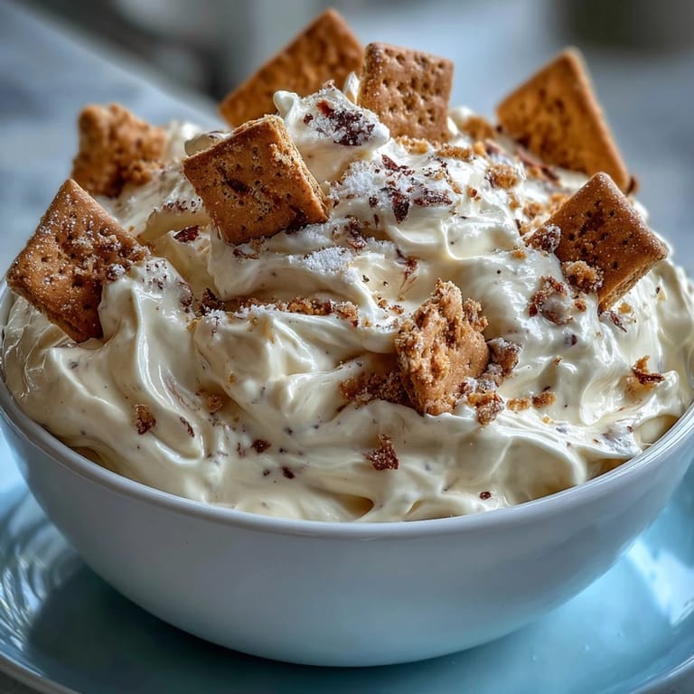 Sweet and fluffy cheesecake dip served chilled with crunchy graham crackers for dipping.