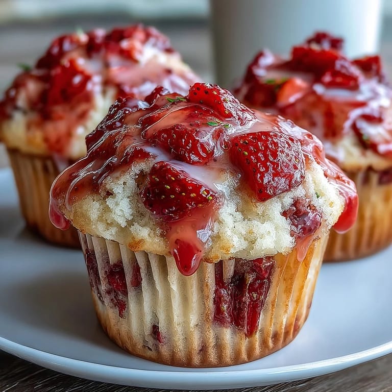 Golden muffins bursting with juicy strawberries and lemon zest, drizzled with a sweet-tart lemon glaze for a bakery-style treat.