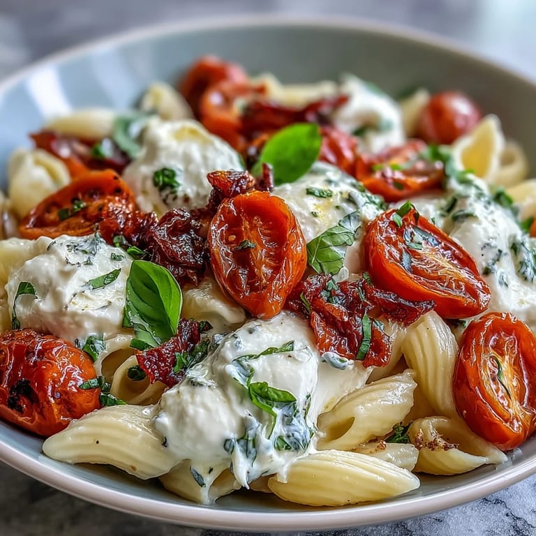 Creamy burrata cheese melts into warm Caprese pasta with basil and cherry tomatoes, perfect for a light Italian dinner.