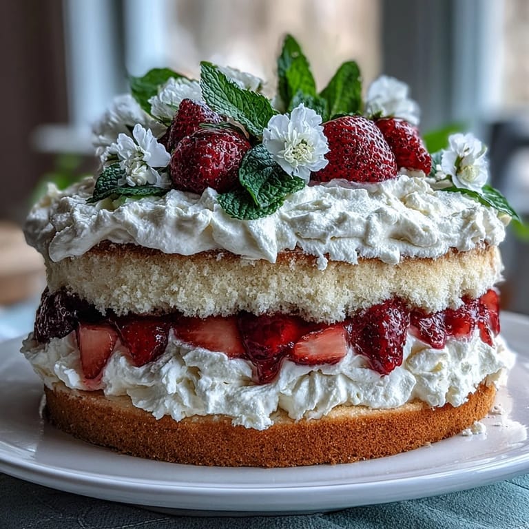 Light sponge cake filled with strawberries and vanilla whipped cream, perfect for spring celebrations.  
