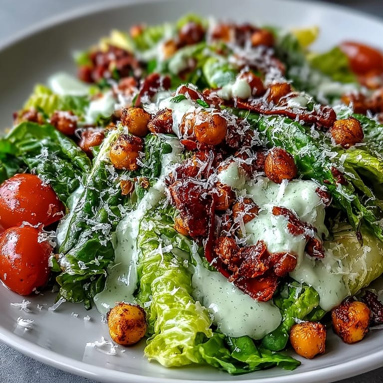 Fresh romaine lettuce tossed with luscious dressing and topped with crunchy chickpea croutons.