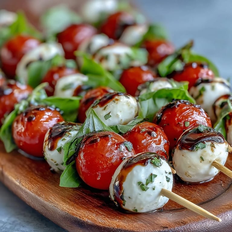 Easy Caprese skewers appetizer, drizzled with rich balsamic glaze, perfect for parties.