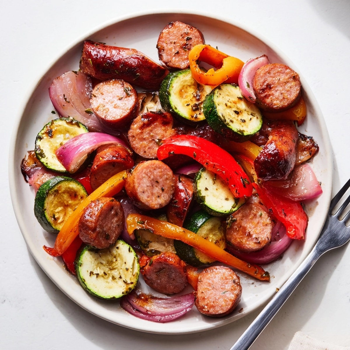 Sizzling Sausage & Veggie Sheet Pan Dinner, a colorful and deliciously easy weeknight meal.