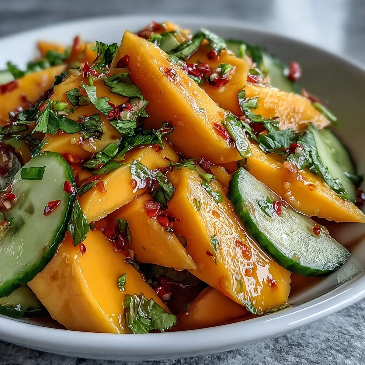Bright, colorful strips of ripe mango mix with crisp red bell pepper, cucumber, and red onion in a shallow serving bowl. The salad is lightly tossed in a tangy lime-honey dressing and flecked with fresh cilantro and thin slices of red chili. Fresh lime wedges rest nearby, ready for squeezing over this refreshing, gluten-free lunch. 
