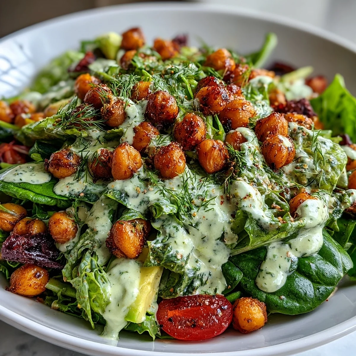 Pistachio Green Goddess Salad with creamy dressing, crisp greens, and crunchy roasted chickpeas in a white bowl.